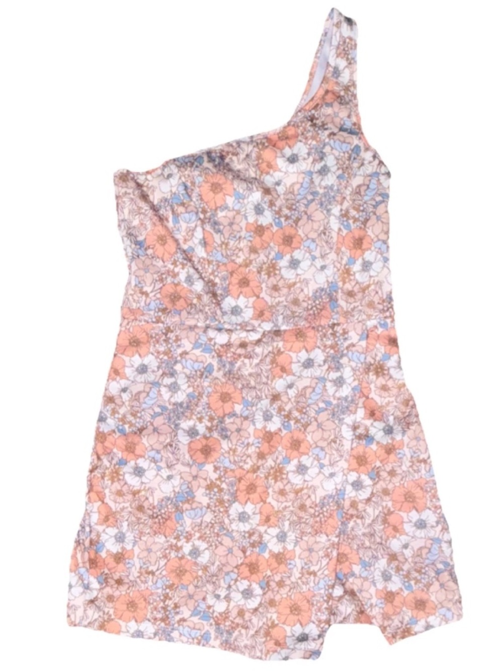 Altar’d Stare One-Shoulder Floral Romper in Peach and White - Picture 1 of 6